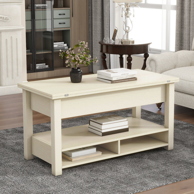 Table basse à plateau relevable, table basse multifonctionnelle avec tablettes ouvertes, Ivoire
