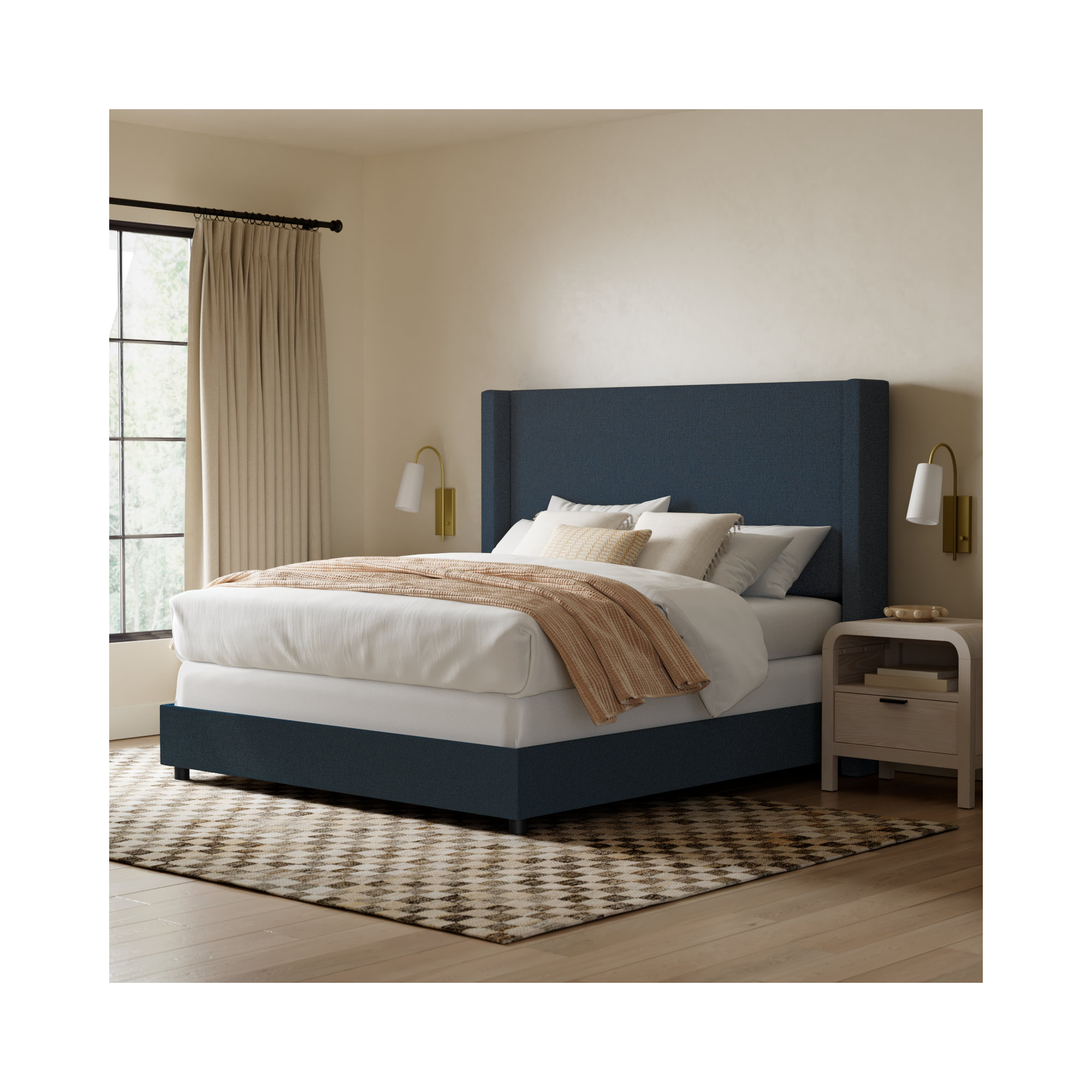 Hanson Upholstered Wingback Bed, King, Classic Navy Linen
