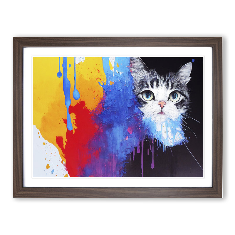 Cat in Paint Abstract - Framed Print, 34cm H x 46cm W x 2cm D, Walnut