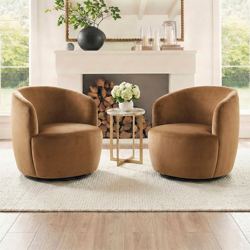 Pelemon 27" Wide Upholstered Velvet Small Swivel Accent Chair, Camel Velvet