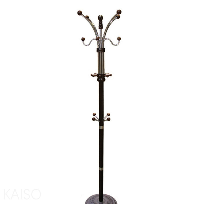 73" Tall Chrome And Wood Coat Rack, Espresso Finish