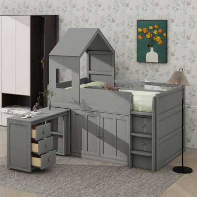 Lit mezzanine simple pour enfants et adolescents, livré avec bureau et armoire, maison en bois avec toit, tiroirs et rangement