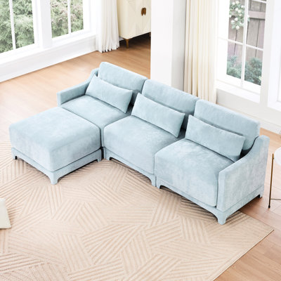 Bleu ciel, chenille, trois sièges, deux repose-pieds mobiles, base en bois de haute qualité, siège lombaire confortable bleu et look moderne