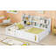 Lit plateforme pleine grandeur en bois avec barrière de sécurité et tablettes de rangement pratiques, cadre de lit pour enfant peu encombrant, blanc-134643911-134643910