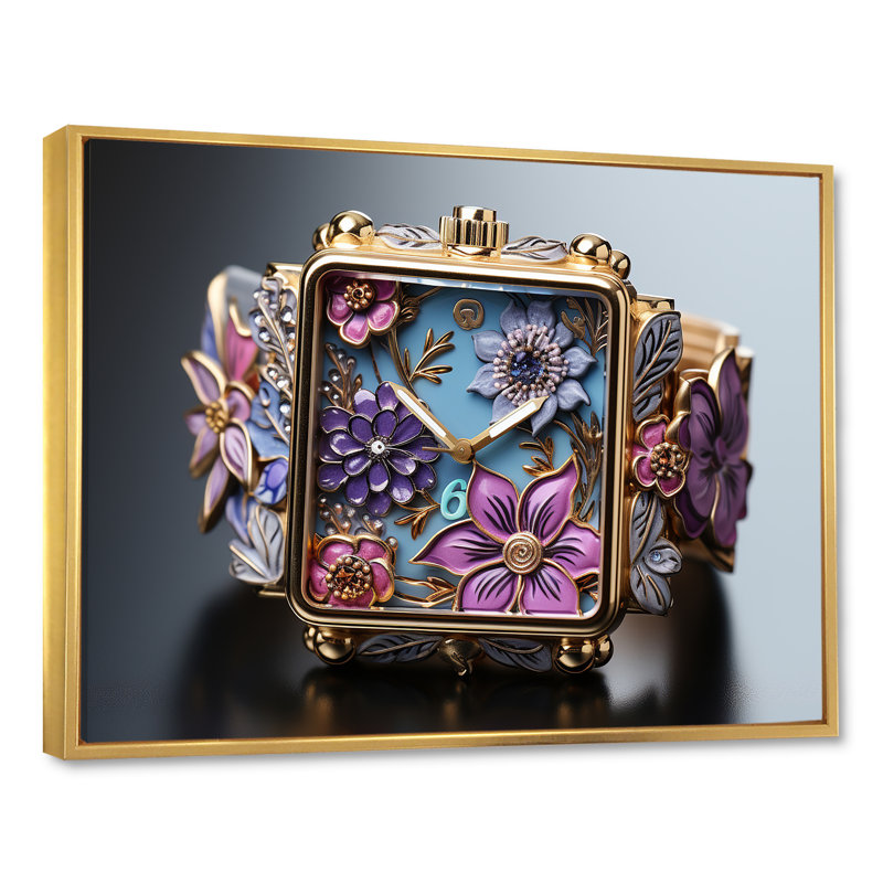 Popart fantaisiste, montres de jardin sur toile, Cadre flottant doré, H 12 po x l 20 po x P 1 po