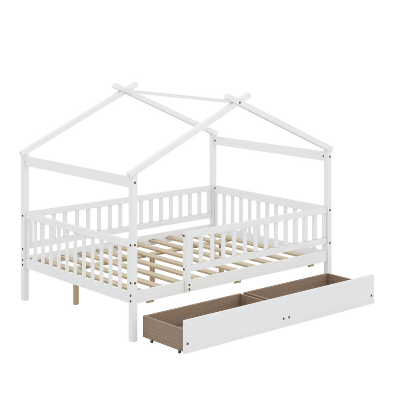 Lit double en bois avec tiroirs, Blanc