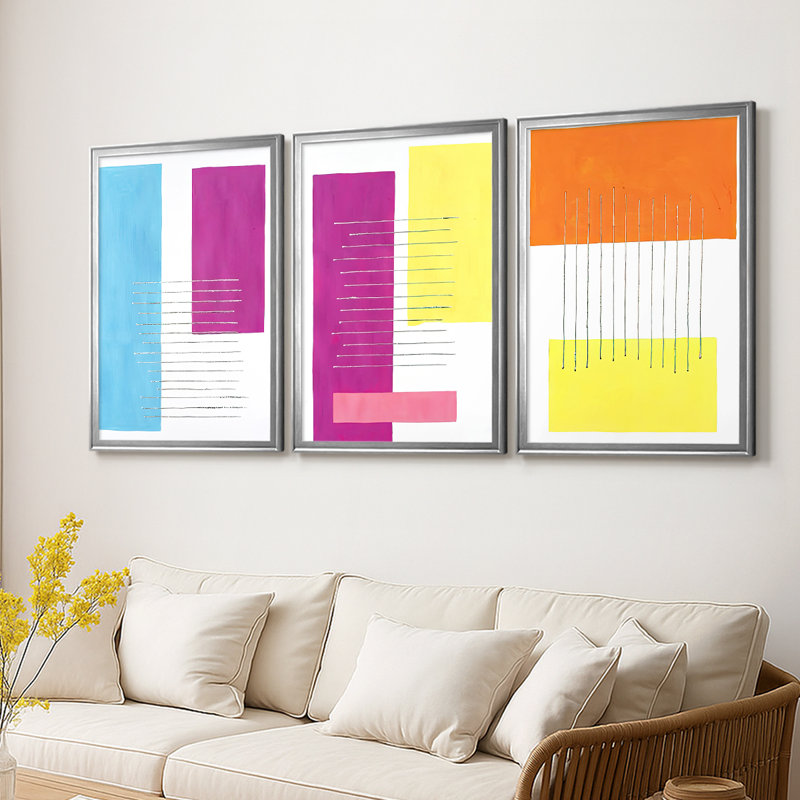 Modulation I  -Custom Framed  Wrapped Gallery Canvas - 3 Pieces, 19" H x 45" W, Silver