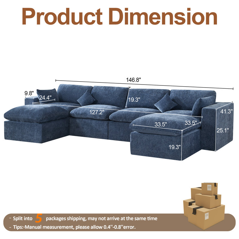 Canapé modulaire à compression avec 2 repose-pieds, Chenille bleu, 6
