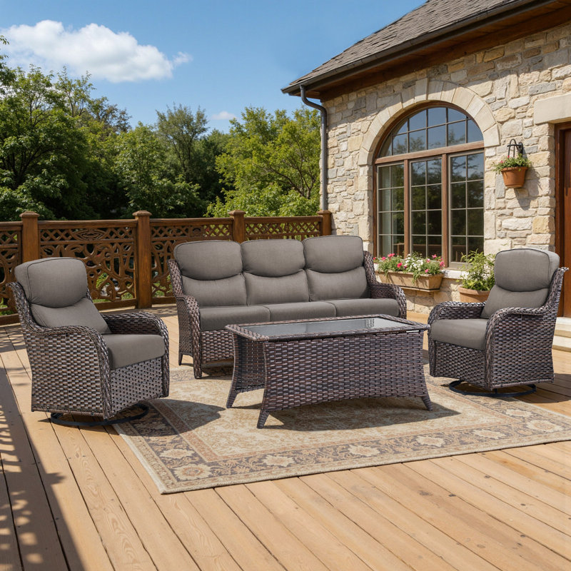 Ensemble de conversation de patio en osier tissé à la main pour 5 personnes avec chaises pivotantes, coussins en oléfine de 5 po