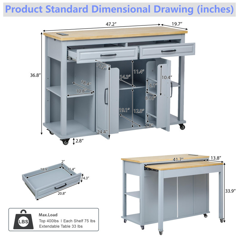 Îlot de cuisine 47 po avec table de salle à manger extensible, table de cuisine en placage de bois d'hévéa avec support de rangement interne, prise de courant, îlot de cuisine avec rangement 2 tiroirs et 2 armoires