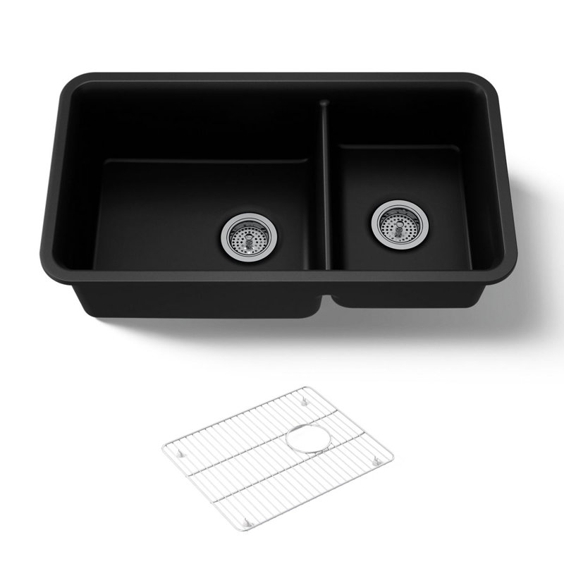 Cairn 34" L x 18" W Double Basin Undermount with Accessories, Blanc mat