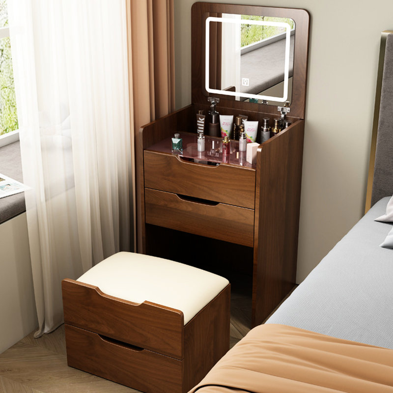 Bureau de meuble-lavabo pratique en noyer avec espace de rangement et tabouret confortable au design compact et moderne