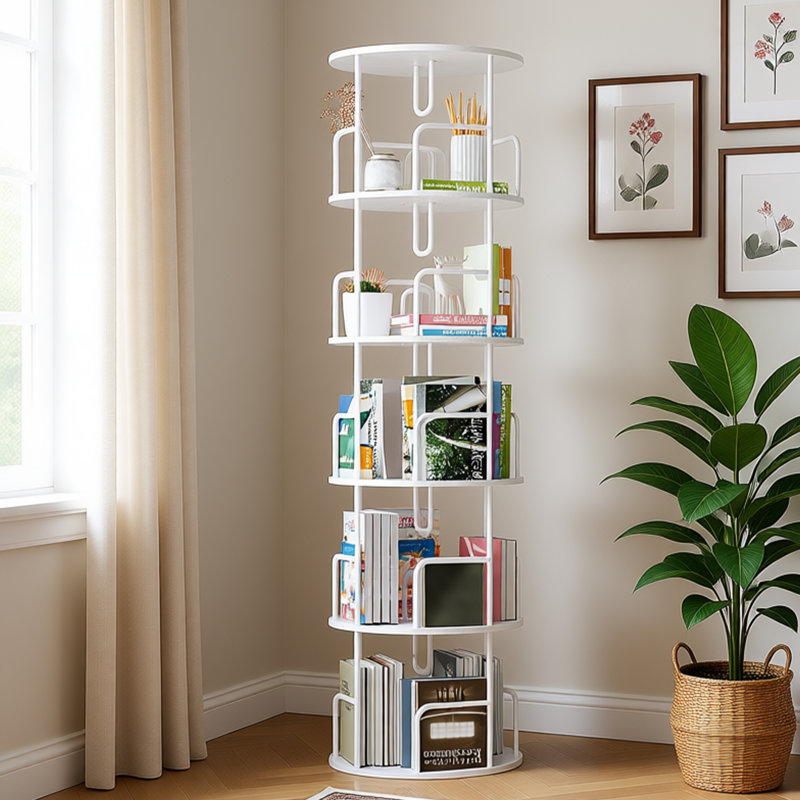 Rotating Bookshelf 5 Tier, Spinning Bookcase, Tall Narrow Bookcase Display Bookshelf, Small Space Rotating Bookshelf Tower For Bedroom, Living Room, Home, Office,White