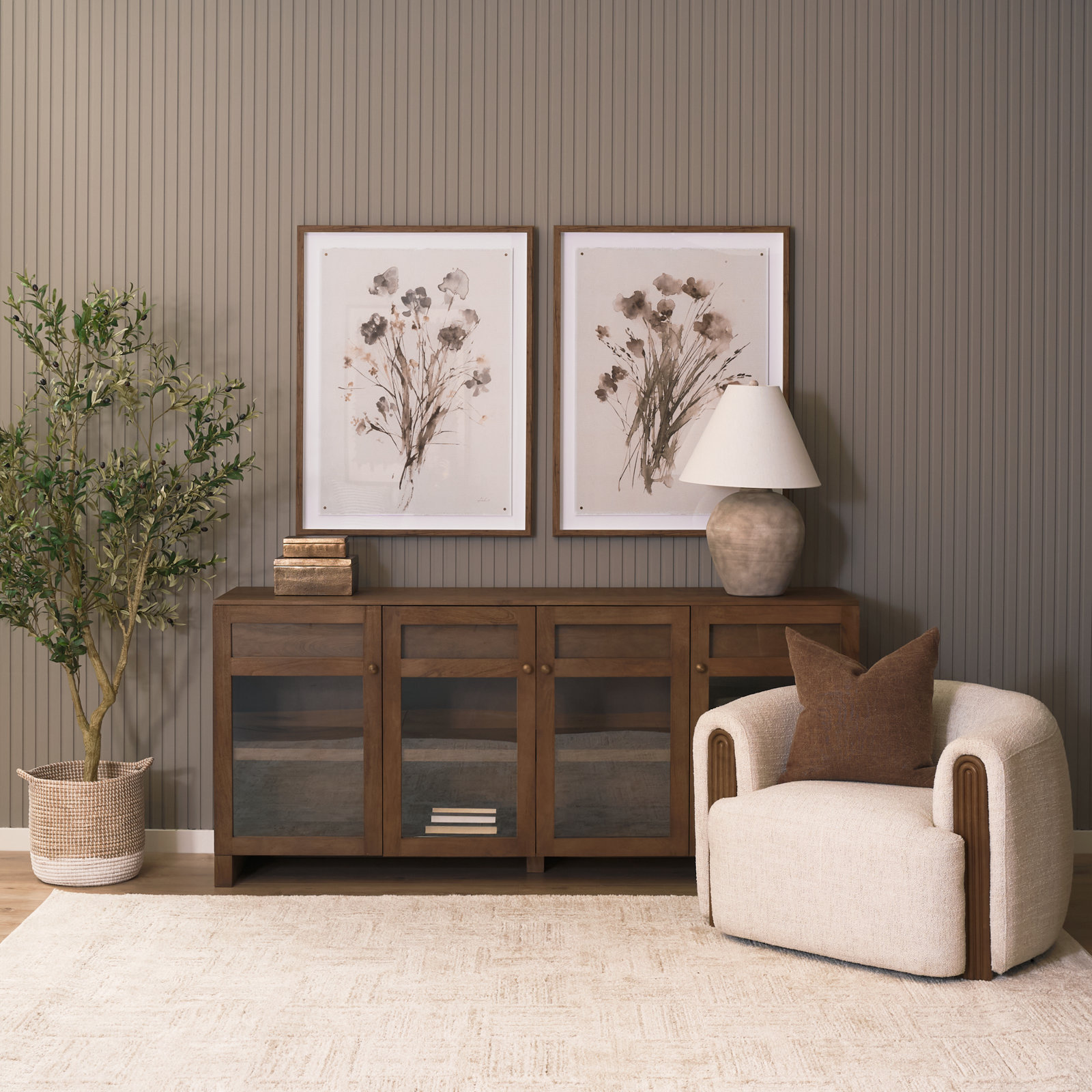 Stonewall Light Brown Wood w/ Glass Doors Sideboard, Medium Brown