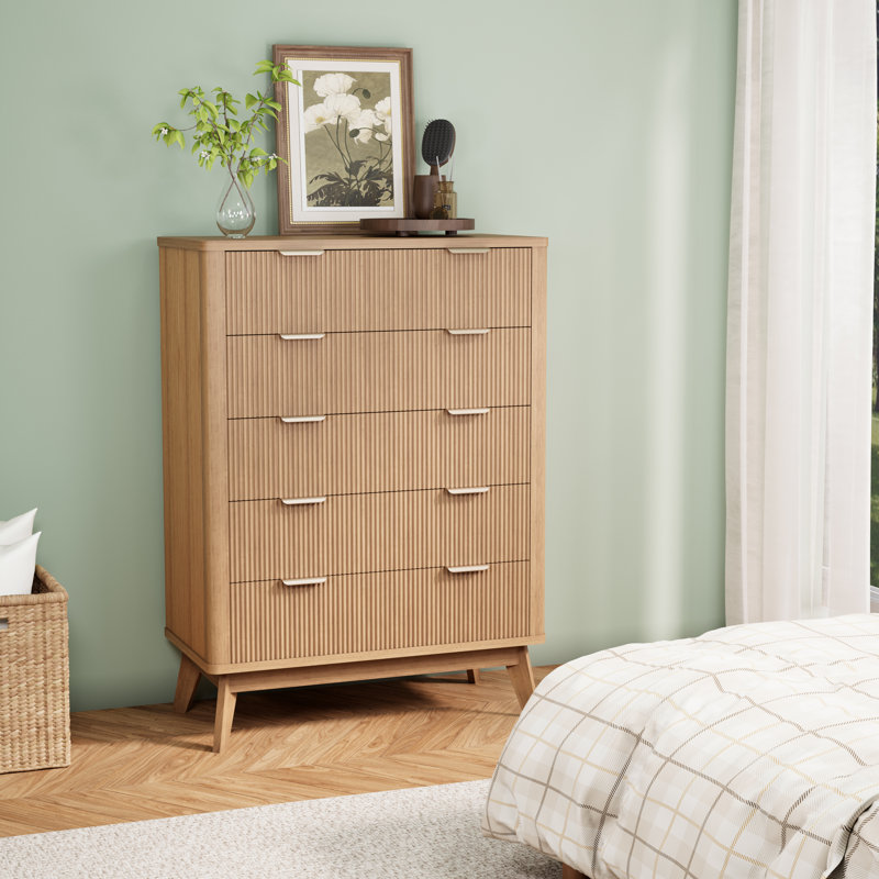 Fluted 5 Drawers Dresser, 43''h 5 Drawers Natural Oak