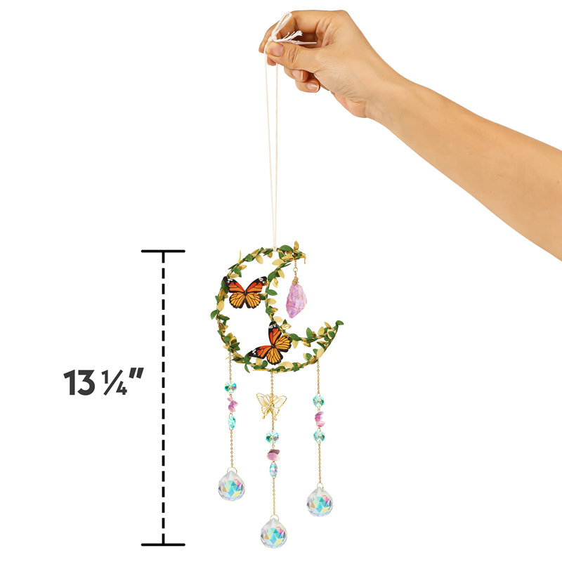 Crystal Suncatcher for Windows Moon Shaped with Enchanting Butterfly Design