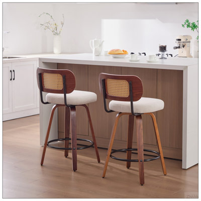 Set of 2 26-Inch Counter Height Bar Stools - Walnut Black, Cane Rattan Back, Beige Linen Upholstered Seat, Swivel Design for Kitchen Island/Bar/Counter