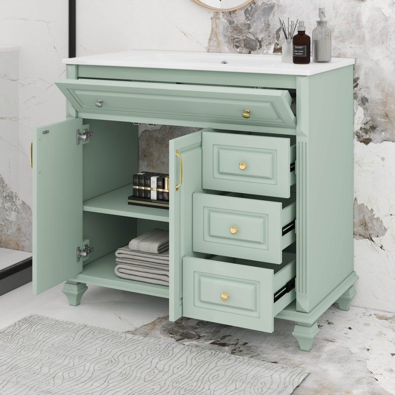Meuble-lavabo 36 po avec lavabo, meubles-lavabos, tiroir rabattable, 3 tiroirs et 2 portes, Vert