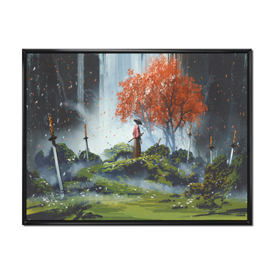 " Samurai Standing In Waterfall Garden With Swords "