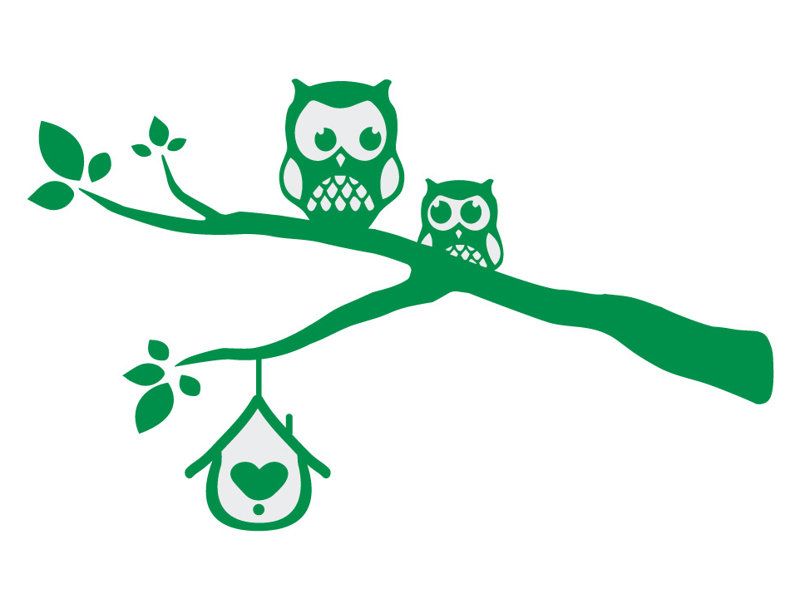 Décalcomanie murale owls sur une branche, Vert clair, H 24 po x l 40 po x P 0,01 po