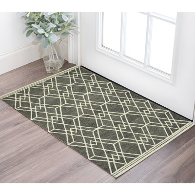 2' X 3' Dark Gray And Ivory Wool Geometric Hand Hooked Area Rug
