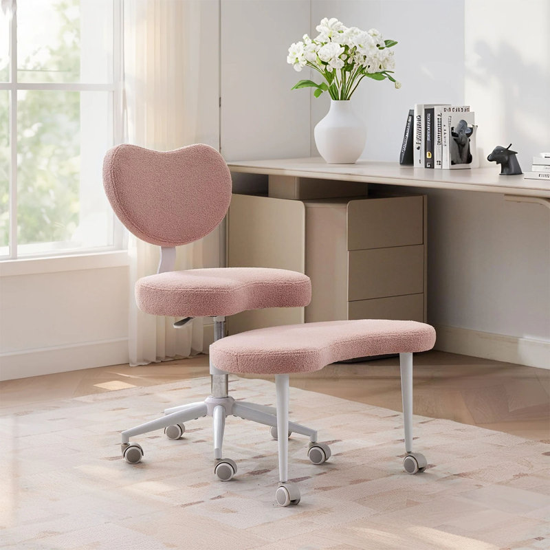 Upholstered Office Chair Ergonomic Cross-Legged Desk Chair with Lumbar Support and Wheels Meditation Chair, Pink