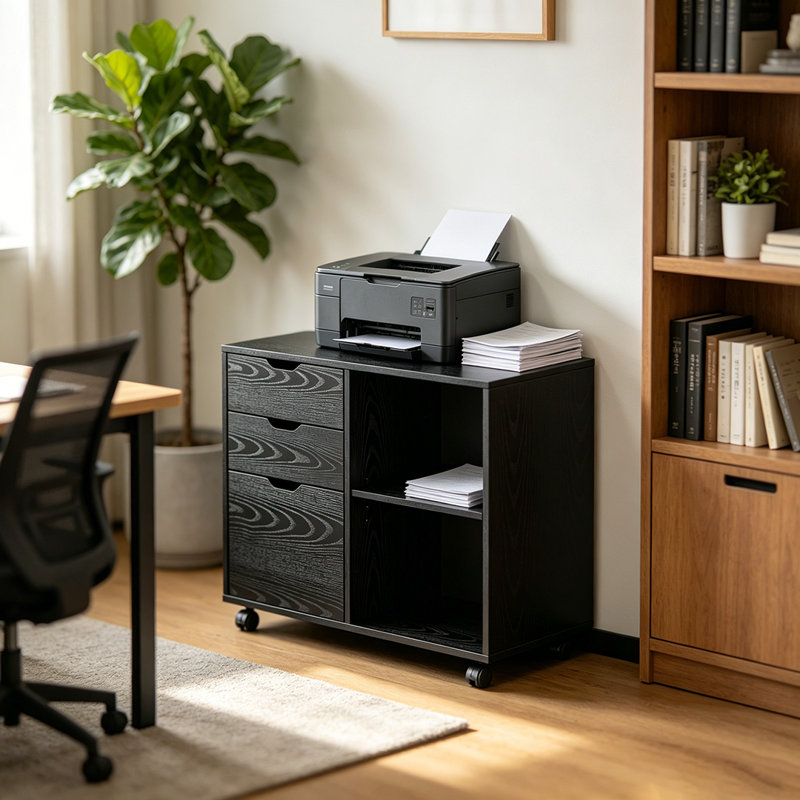 Classeur en bois avec 3 tiroirs, classeur latéral mobile, support pour imprimante avec tablettes de rangement ouvertes, Black