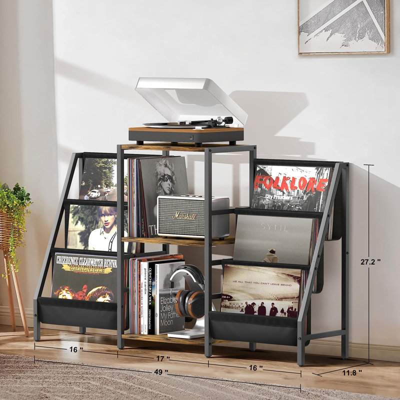 Large Capacity Black Vinyl Record Player Stand With Double Storage And Display Shelves