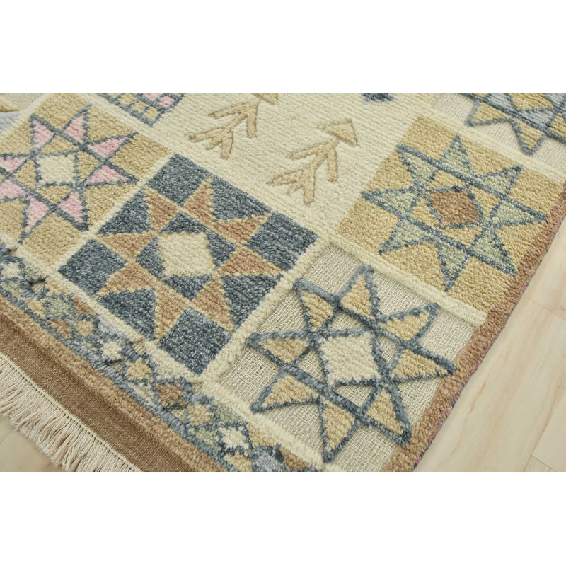 Tapis ivoire en laine noué à la main de conception unique 6 pi 3 po x 10 pi 11 po Gaber