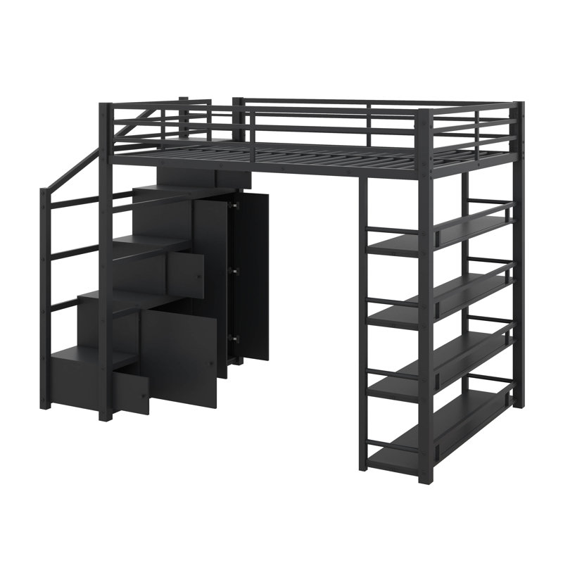 Grand lit mezzanine en métal avec unités de rangement, lit avec armoires intégrées et garde-robe