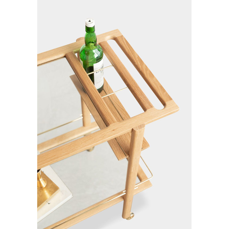 Solid Wood Bar Cart with Wheels, White Oak/Brass