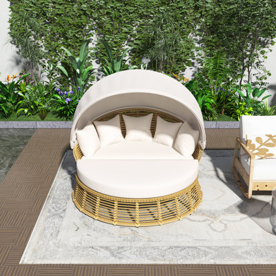 Outdoor Patio Rattan Round Daybed, With Retractable Canopy,Multiple Uses,Adjustable Feet,Removable Cushions,5 Pillows,Washable,Easy To Install