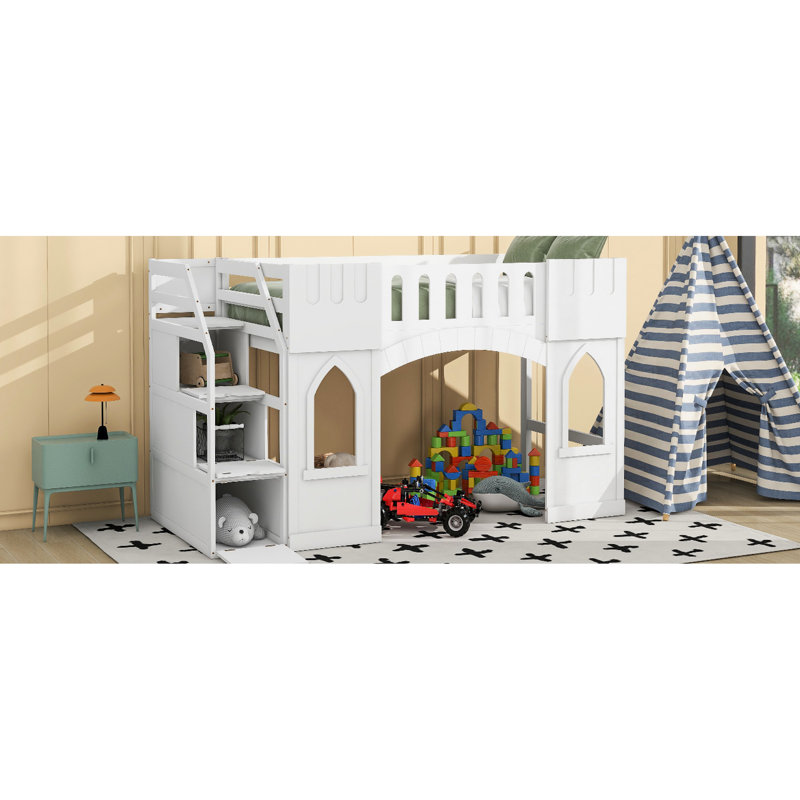 White Twin Size Loft Bed With Playful Features And Storage, - A Stable Construction Windows Window Creates Cozy Bedroom Atmosphere