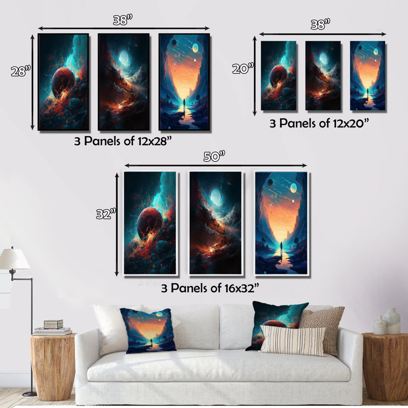 «Imagine Space», 3 pièces sur toile, Cadre flottant doré, H 20 po x l 36 po