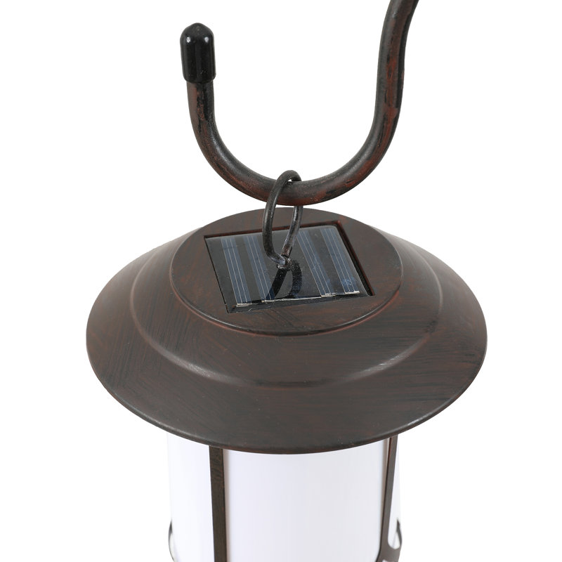 Set of 2 Brown and White Solar-Powered Hanging Lanterns with Shepherd Hooks