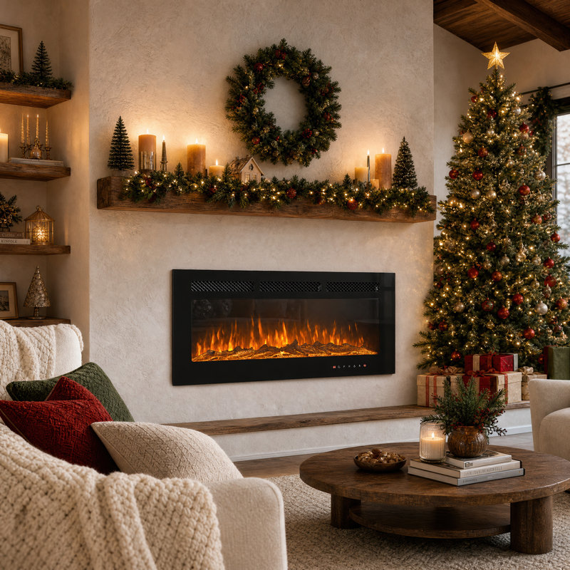 Rayva Classic recessed or wall mounted direct vent electric fireplace insert, H 17 po x l 42 po x P 4,1 po