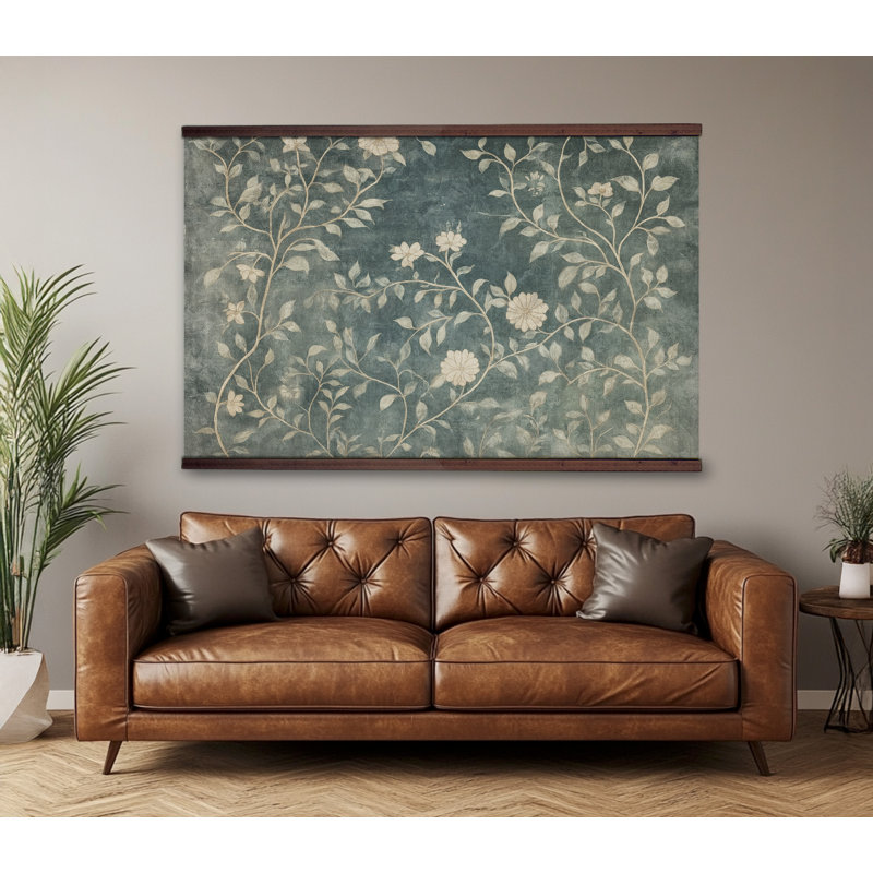 Tapisserie murale florale rétro - Art de style antique avec cadre en bois suspendu, vert et crème, H 40 po x l 60 po