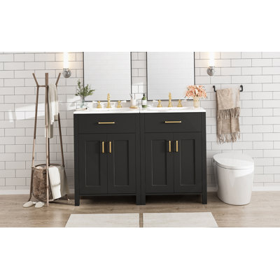 Meuble-lavabo moderne de 48 pouces avec lavabo en céramique, portes à fermeture en douceur, tiroir rabattable, tablettes de porte à double couche, solution de rangement élégante