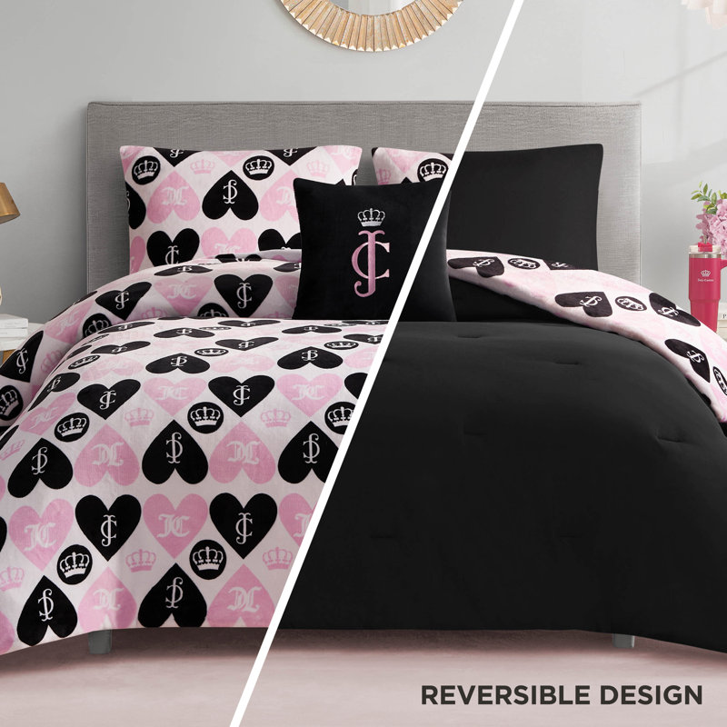 Juicy Couture Plush Heart Logo Reversible Comforter Sets, Twin/Twin XL Comforter + 2 Additional Pieces