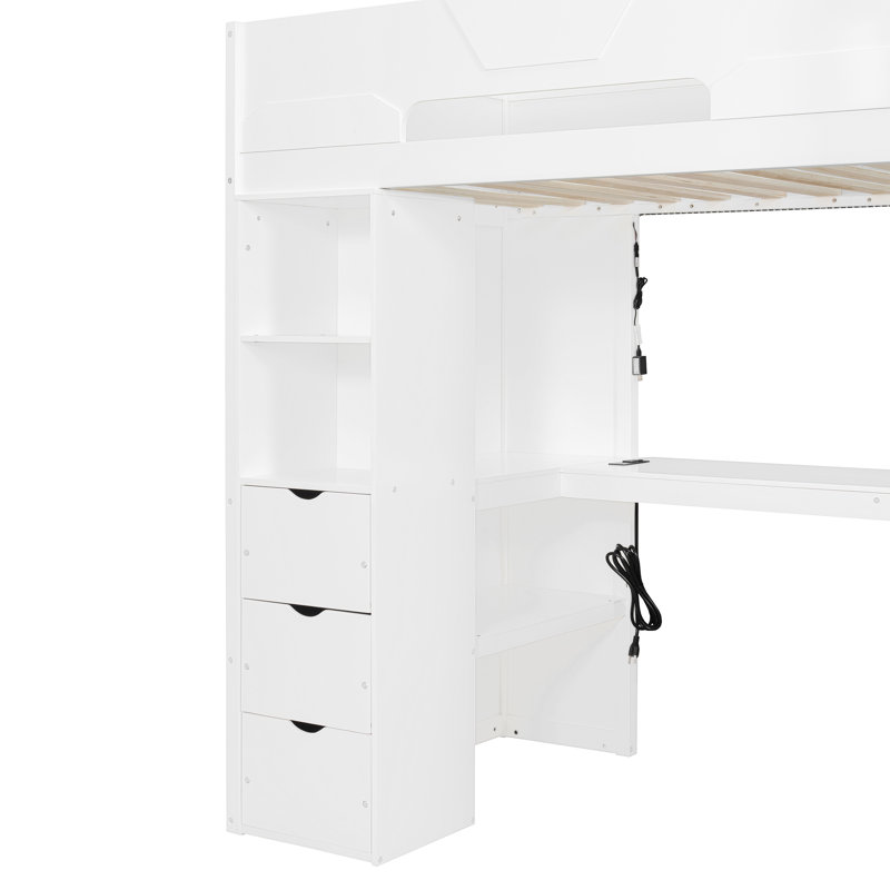 Lit mezzanine moderne avec bureau éclairé, station de charge, tablettes de rangement et tiroirs, Twin, White
