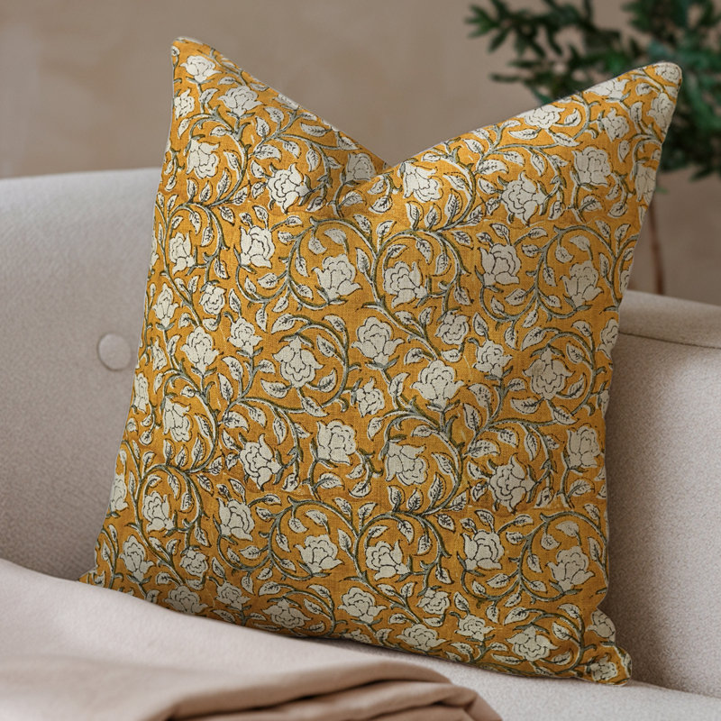 Linen Square Pillow Cover, 20"H x 20"W, Orange Floral 3