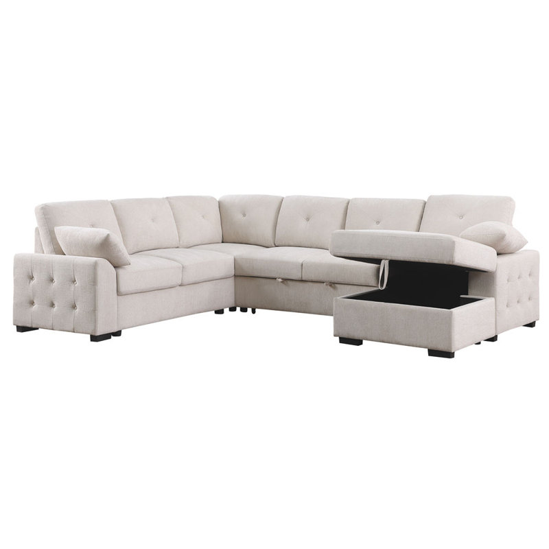 Canapé d'angle multi-fonctionnel en forme de L avec rangement et lit convertible, Beige