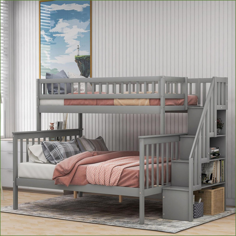 Simple sur bois de pin double Lit superposé en MDF avec escalier et rangement gris