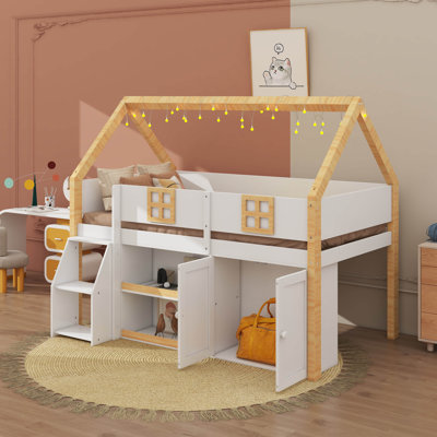 Wooden Playhouse Low Loft Bed With Step Ladder, Twin-Scale House Design, Boasting Shelving, Cabinets, And LED Lighting