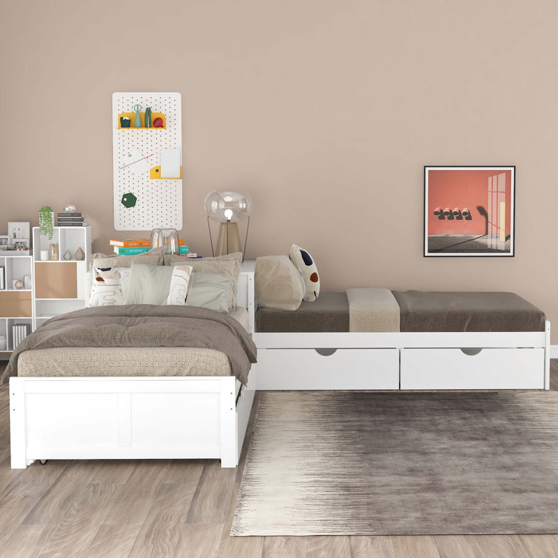 L-shaped Twin Platform Bed with Trundle, Drawers, and Built-in Desk for Space-Saving and Multi-Functional Use in White