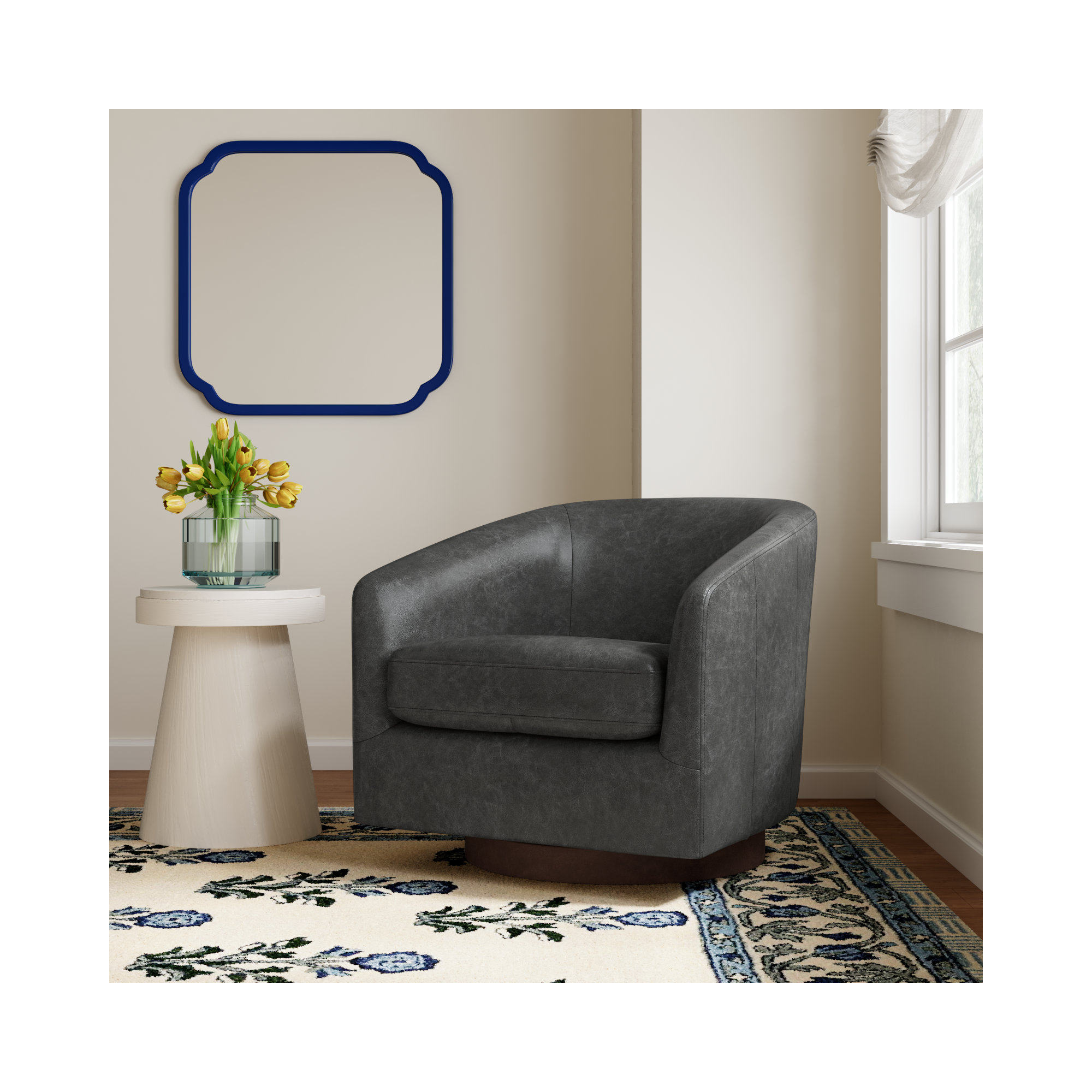 Bennett Genuine Leather Swivel Barrel Chair, Marseille Black Top Grain Leather