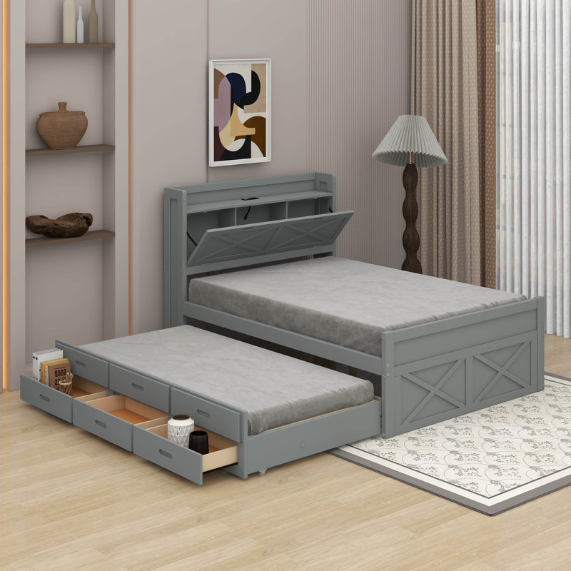 Lit double en bois avec lit gigogne et tiroirs, Grey