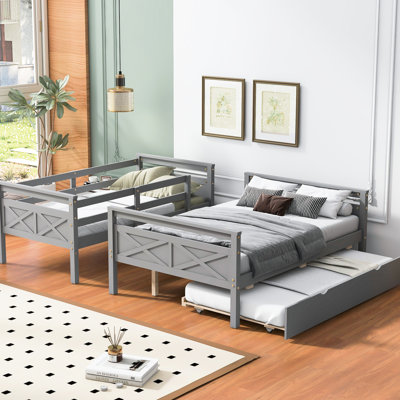 Twin Over Full Bunk Bed With , Gray Trundle & Protected Build Strong Stability