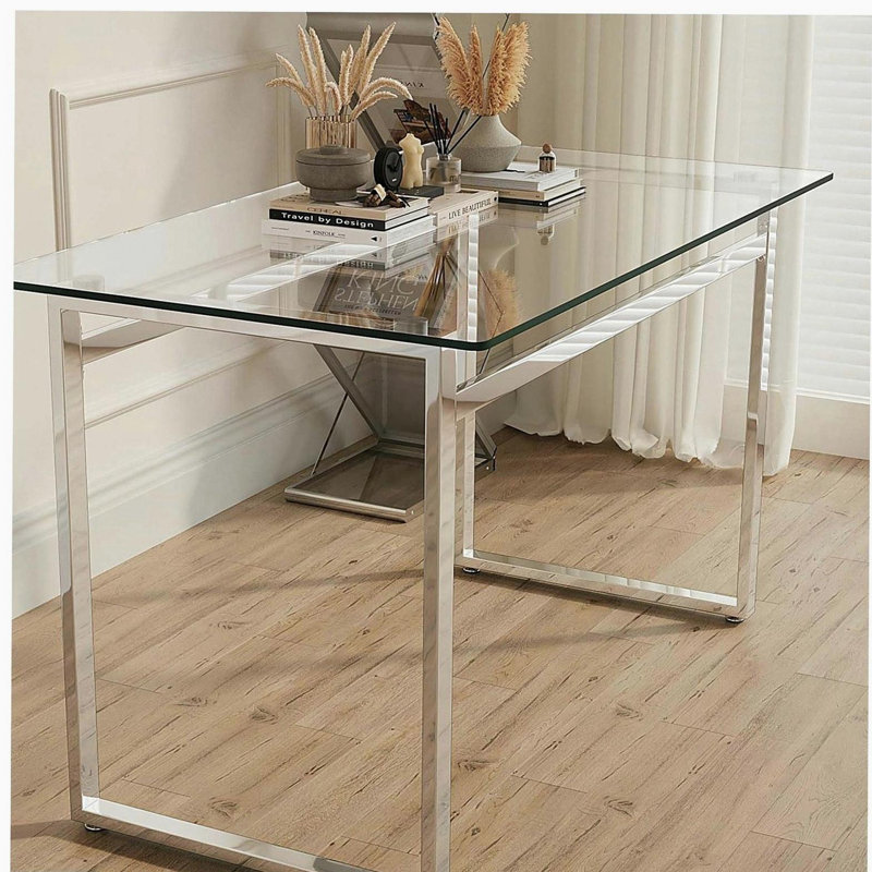 Table de salle à manger 51 "moderne en verre rectangulaire minimaliste pour 4 à 6 personnes avec plateau en verre trempé de 0,31" et pieds en métal chromé argenté