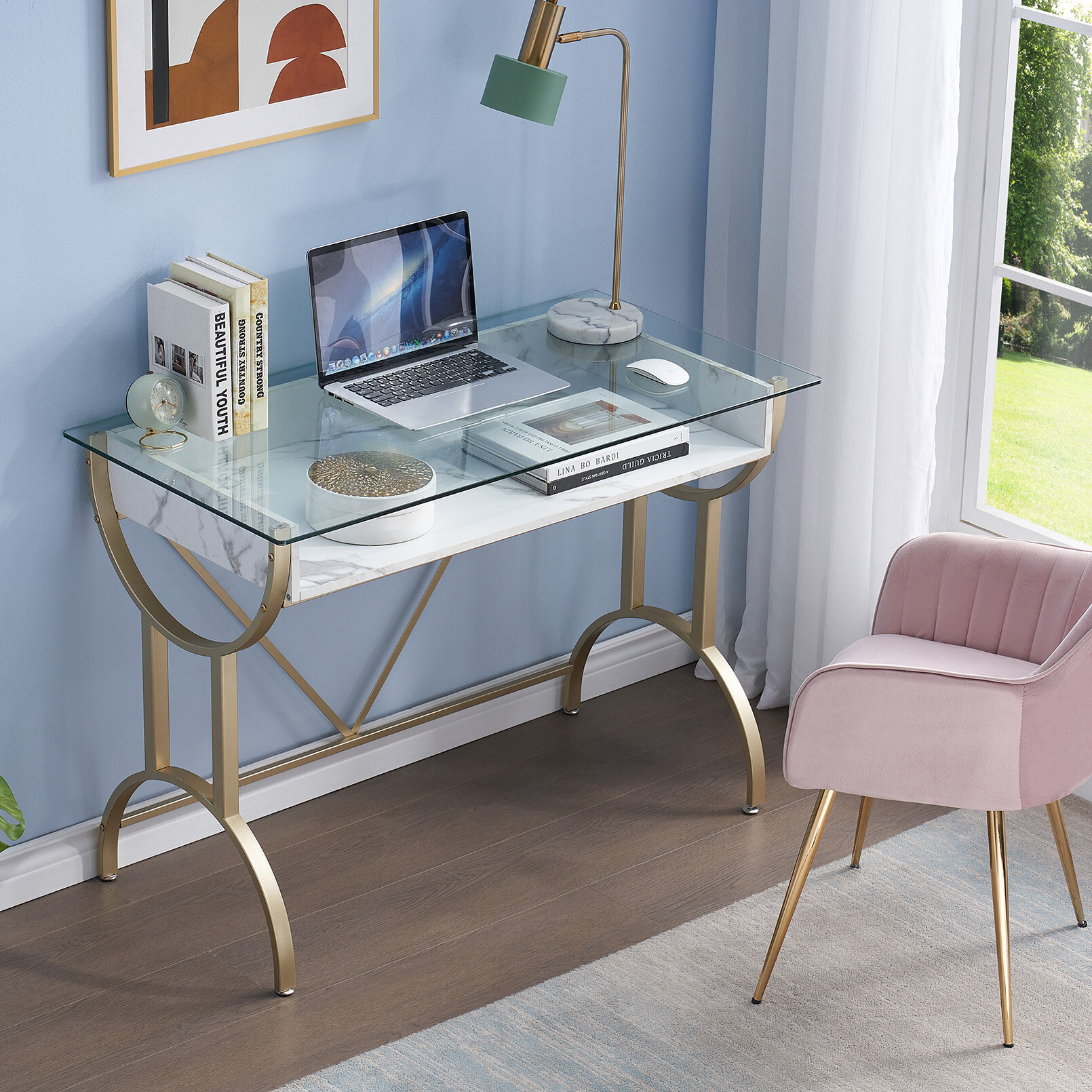 Everly Quinn 41 in Computer Desk With Two Drawers, White and Gold Modern  Study Writing Desk & Reviews